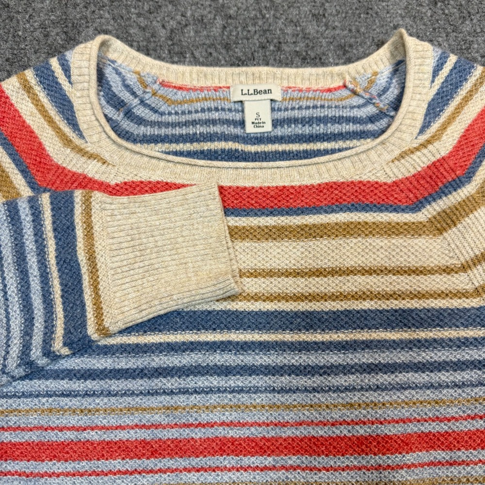 LL Bean Women Striped Cotton Knit Sweater Blue Red Tan Petite Small
